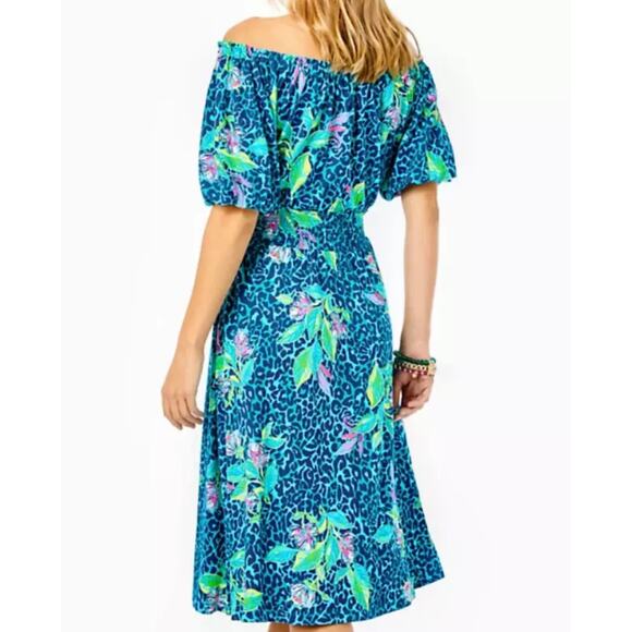 Lilly Pulitzer Camille Dress Formentera Turquoise XL Midi Floral Cheetah Puff - Picture 2 of 7